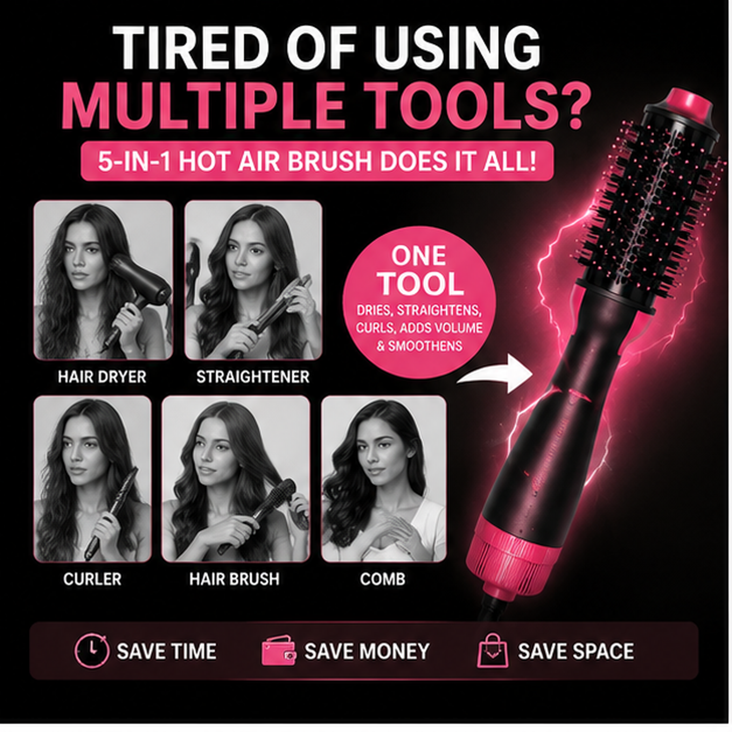5-in-1 Hot Air Brush Styler – Ceramic Hair Dryer, Straightener & Curler