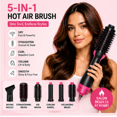 5-in-1 Hot Air Brush Styler – Ceramic Hair Dryer, Straightener & Curler