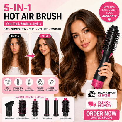 5-in-1 Hot Air Brush Styler – Ceramic Hair Dryer, Straightener & Curler